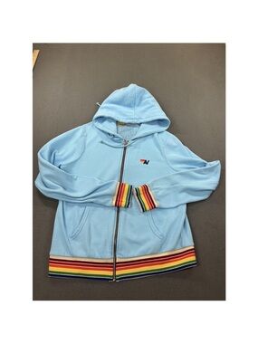 Aviator Nation Medium Blue Rainbow Fleece Zip Hoodie Throwback